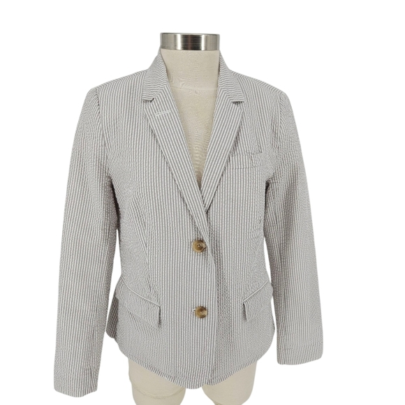 GAP Boyfriend Blazer Gray Striped Seersucker Long Sleeve Button Career Jacket 12 - Picture 1 of 7